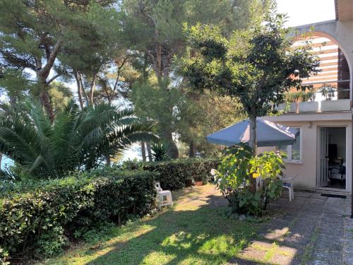 eine Terrasse mit einem blauen Regenschirm neben einem Haus in der Unterkunft Apartment Tondini by Interhome in Pedaso