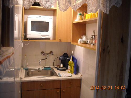 a small kitchen with a sink and a microwave at Demeter Apartman in Hajdúszoboszló