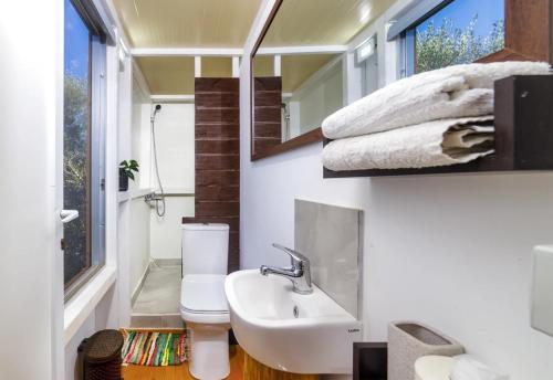 La salle de bains est pourvue d'un lavabo, de toilettes et d'un miroir. dans l'établissement Dream Catcher., à Koukounariá