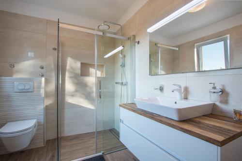 a bathroom with a sink and a glass shower at Villa Irena in Medulin