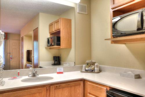 a kitchen with a sink and a microwave at Econo Lodge Pigeon Forge Riverside in Pigeon Forge