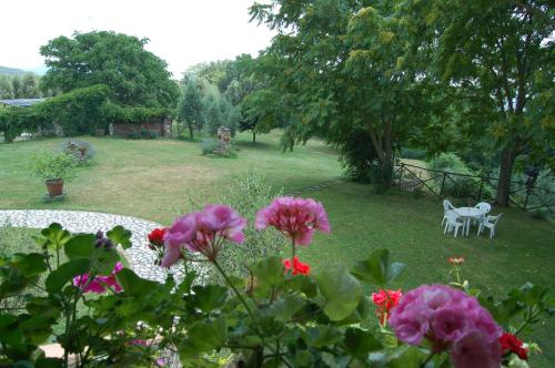 a garden with a table and chairs and flowers at Agriturismo Podere Luchiano in Amelia