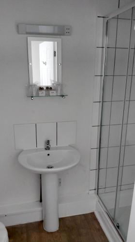 a white bathroom with a sink and a mirror at The Old Colliery Stables in Durham