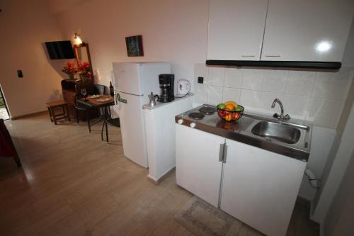 a kitchen with a sink and a white refrigerator at Panorama in Agios Georgios