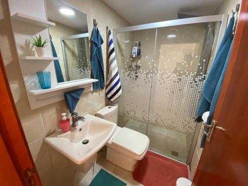 a bathroom with a toilet and a sink and a shower at Jordan Guest House in Wadi Musa