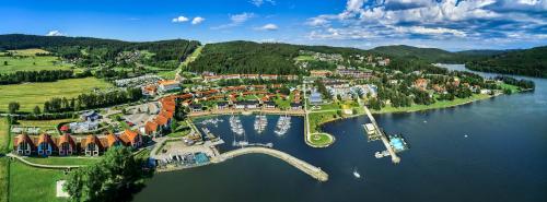 an aerial view of a resort on a lake at Villa Gamma - Lipno Home in Lipno nad Vltavou
