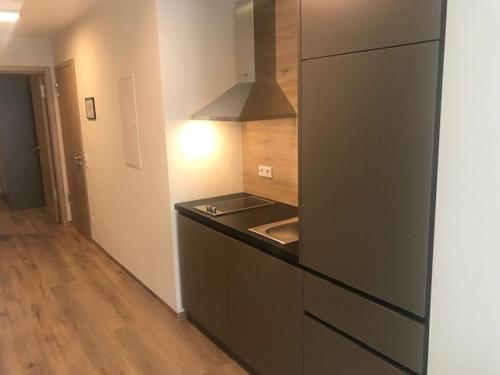 a kitchen with a sink and a stove at Altstadthotel Millipp in Beilngries