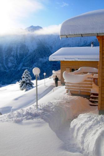 a building covered in snow with a view of the mountains at Holiday Home Maiensäss Komfort by Interhome in Urmein