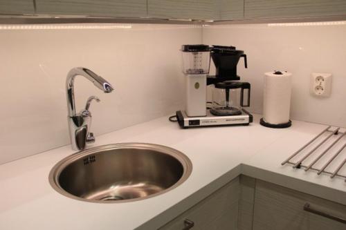 a kitchen counter with a sink and a blender at Villa Lakia in Syöte