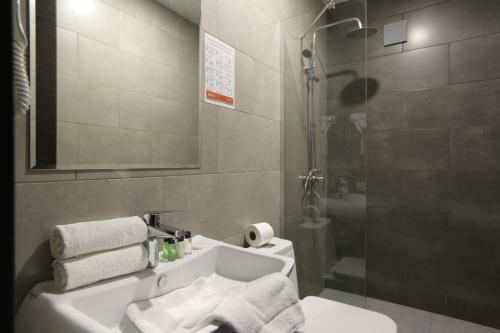 a bathroom with a toilet and a sink and a shower at Borjomi UnderWood in Borjomi
