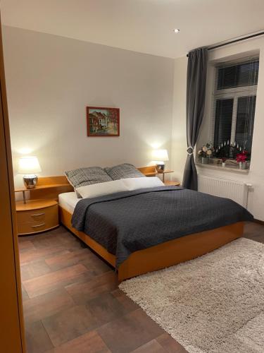 a bedroom with a large bed and a window at Einraum Ferienwohnung im Zentrum in Aue