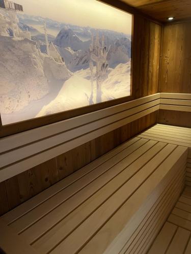 a sauna with a view of a snowy mountain at Quartier Severin in Berwang