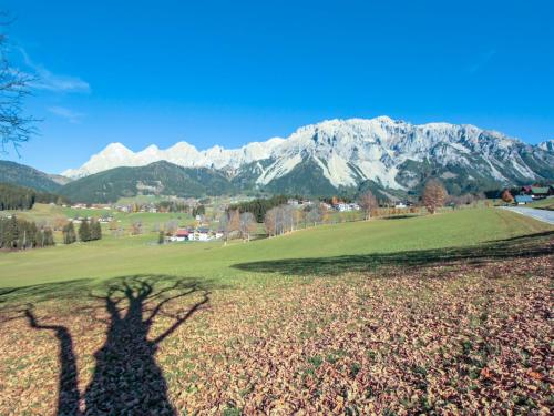 a shadow of a tree on a field with mountains in the background at Holiday Home Berghaus Weitblick by Interhome in Ramsau am Dachstein