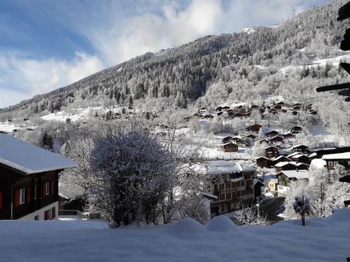 a village covered in snow in front of a mountain at Apartment Im Stahle by Interhome in Fiesch
