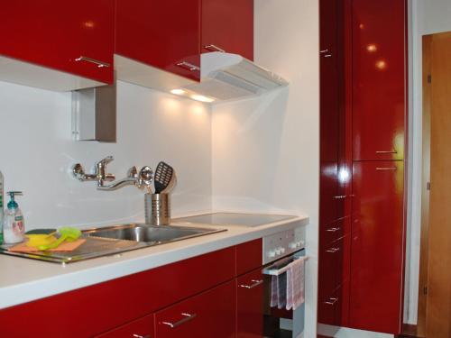 a kitchen with a sink and red cabinets at Apartment Casablanca EG by Interhome in San Nazzaro