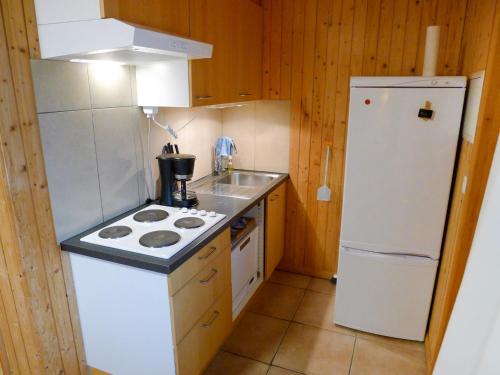 a small kitchen with a stove and a refrigerator at Apartment Sur Baselgia by Interhome in Cunter