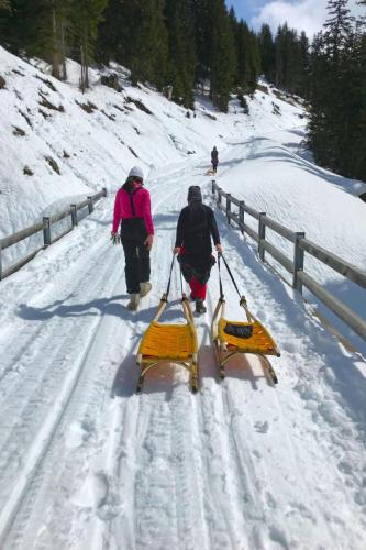 two people are pulling a sled in the snow at Apartment Sur Baselgia by Interhome in Cunter
