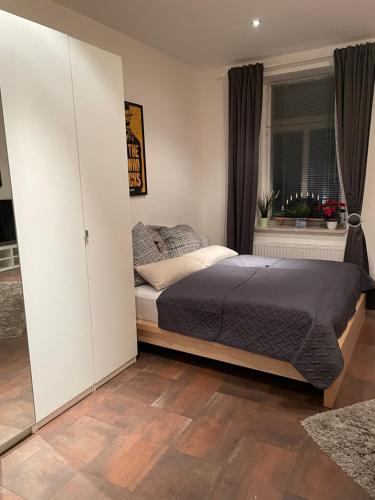 een slaapkamer met een bed en een raam bij Schöne Zweiraumwohnung im Zentrum in Aue