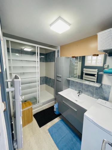 une salle de bain avec un lavabo et une douche dans l'établissement Le Penty, à Guimaëc