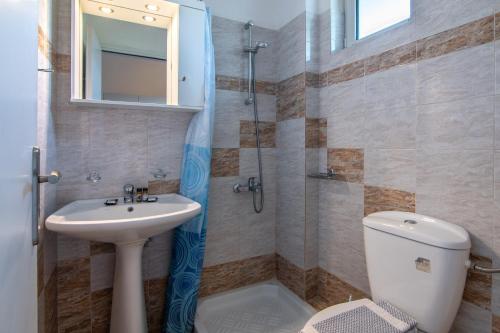 a bathroom with a sink and a toilet and a shower at Mythos Apartments in Damnoni