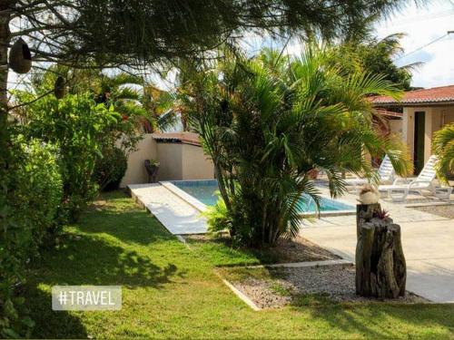a yard with a palm tree and a swimming pool at Pousada Vale Encantado in Serra de São Bento