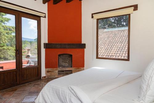 um quarto com uma cama e uma lareira em Hotel Hacienda San Martin em Toluca