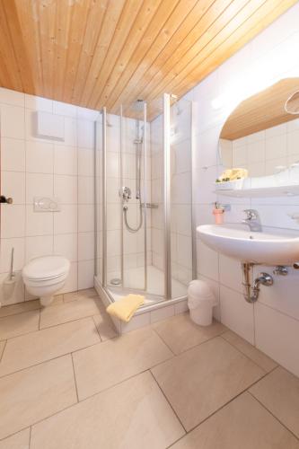 a bathroom with a shower and a sink and a toilet at Hotel Gasthof Post in Nesselwang