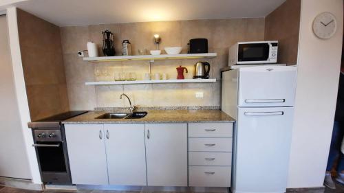 eine Küche mit einem weißen Kühlschrank und einer Mikrowelle in der Unterkunft Albarracin Studio in San Carlos de Bariloche