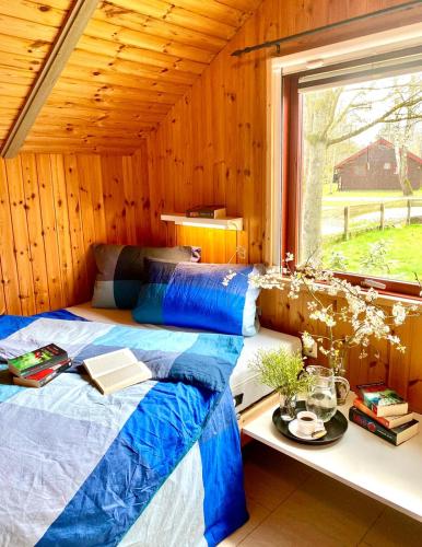 a bed in a wooden room with a window at Ferienhäuser Pannier I und oder II in Gartow