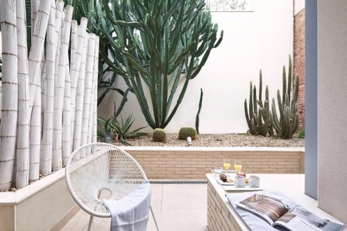 a patio with a rattan chair and a table and cactus at Hotel Omnium in Barcelona