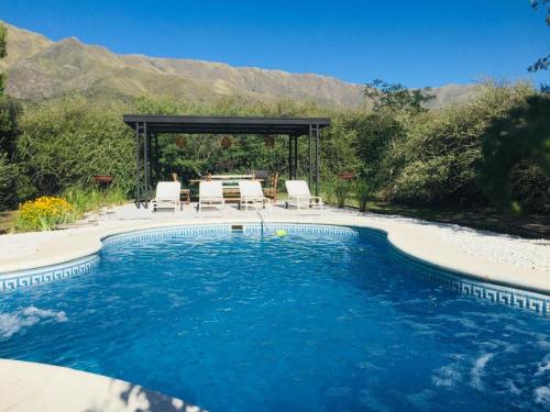 una piscina con sillas, una mesa y una dolencia en Zolara Di Merlo, en Merlo
