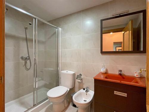 a bathroom with a shower and a toilet and a sink at Apartamento Baztán in Elizondo