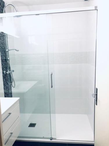 une douche avec une porte vitrée dans une salle de bain dans l'établissement La Pommeraie, à Ouzouer-sur-Loire