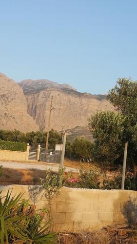 a view of a garden with a mountain in the background at Rena's house in Pachia Ammos