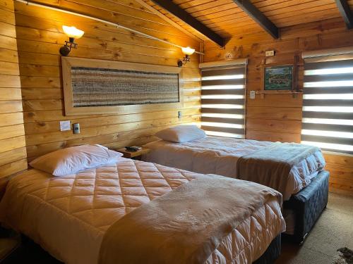 two beds in a room with wooden walls at Hostal Caulle in Río Bueno