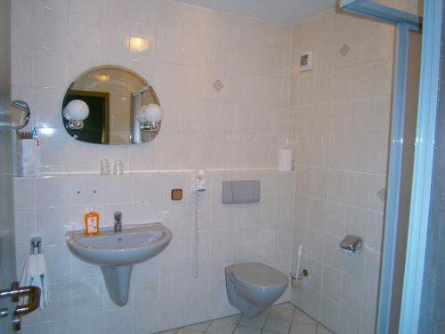 a bathroom with a sink and a toilet and a mirror at Gasthof Drei Linden in Obertrubach