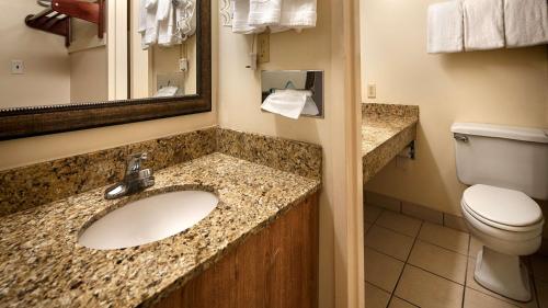 a bathroom with a sink and a toilet and a mirror at Best Western Crossroads Inn in DeFuniak Springs