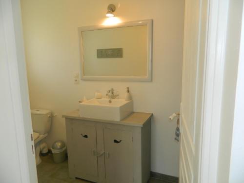 a bathroom with a sink and a mirror at Chambre d'hôtes Larosa in Moulis-en-Médoc
