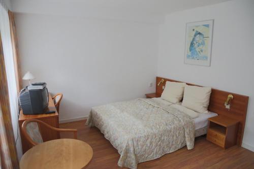 um quarto com uma cama, uma mesa e uma televisão em WIlla Maksymilian Bed and Breakfast em Bydgoszcz