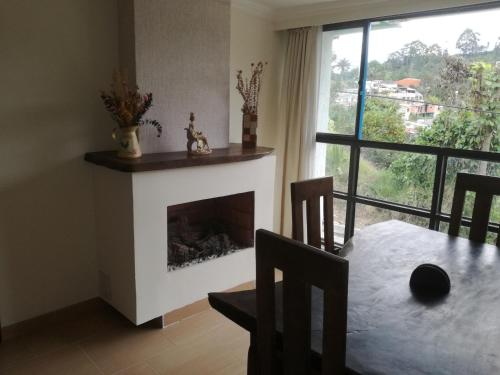 a living room with a fireplace and a table and a window at VISTALMONTE in Salento