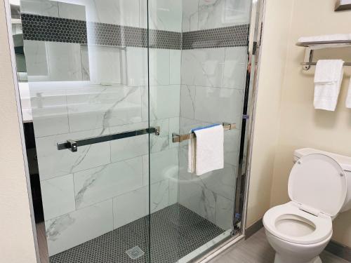 a bathroom with a glass shower with a toilet at Quality Inn & Suites Lake Charles South in Lake Charles