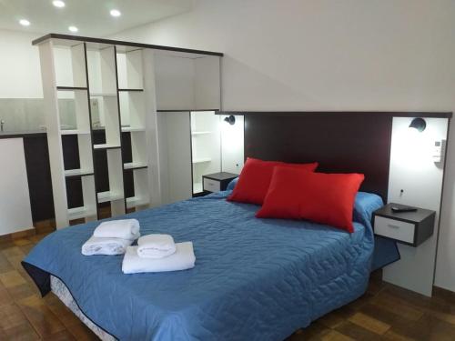 um quarto com uma cama azul e almofadas vermelhas em Totoras Apart Federacion em Federación