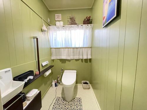 ein grünes Bad mit einem WC und einem Waschbecken in der Unterkunft 叶 in Nishikichō