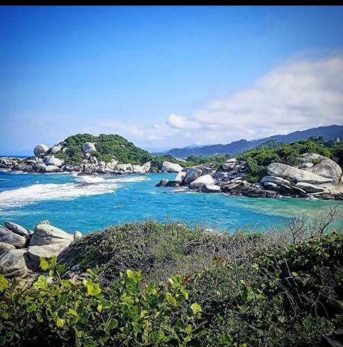 a beach with rocks and blue water and trees at Hostal Y Balneario La Danta in El Zaino