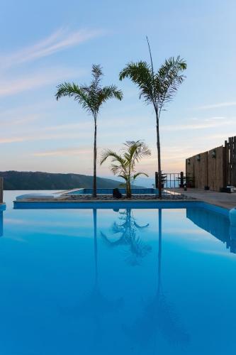 a swimming pool with palm trees in the background at Polo Cherrapunjee Resort in Cherrapunji