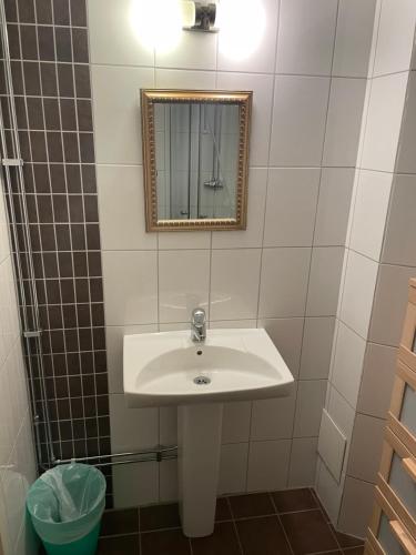 uma casa de banho com um lavatório branco e um espelho. em Björkbackens Vandrarhem i Vimmerby em Vimmerby