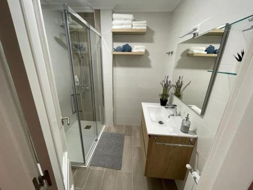 ein Badezimmer mit Glasdusche und Waschbecken in der Unterkunft Apartamento Entrebateas in Aldán