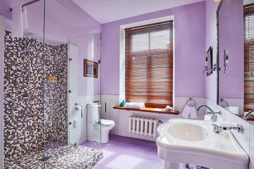 a bathroom with a sink and a shower and a toilet at Alexander House in Saint Petersburg