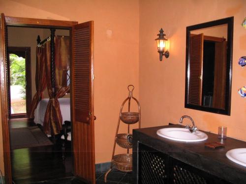La salle de bains est pourvue d'un lavabo et d'un miroir. dans l'établissement Le Jardin de Beau Vallon, à Mahébourg
