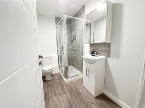 a bathroom with a shower and a toilet and a sink at Modern Town Centre Studio Close to Beach in Bournemouth